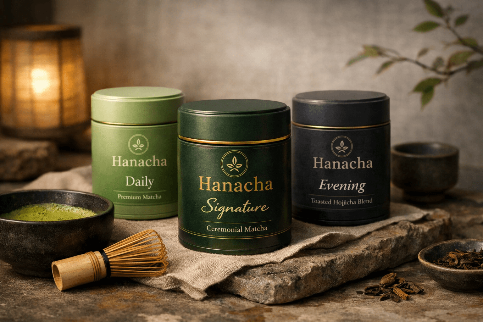 Hanacha matcha tins arranged beside a bowl and whisk