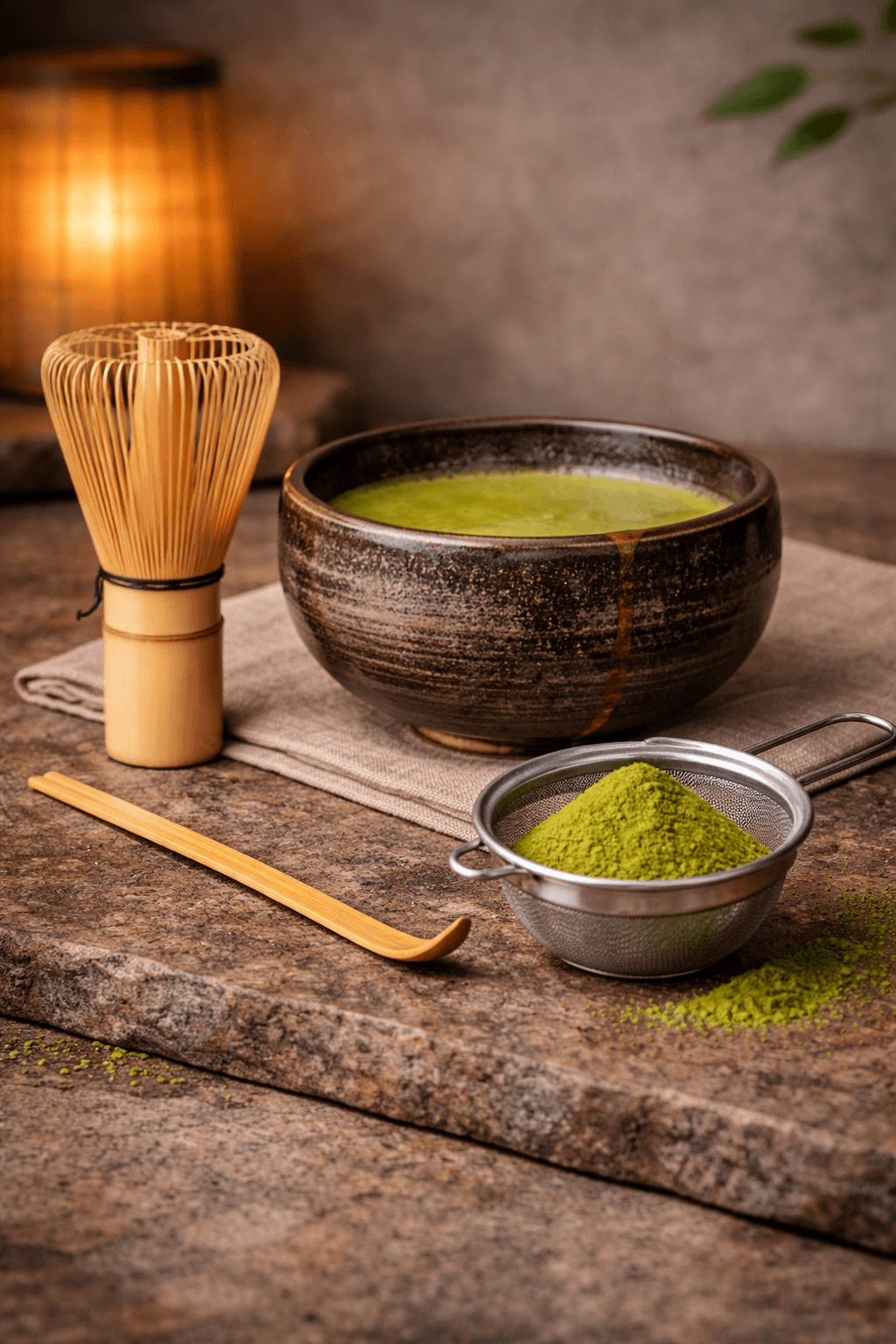 Matcha preparation tools arranged beside a bowl