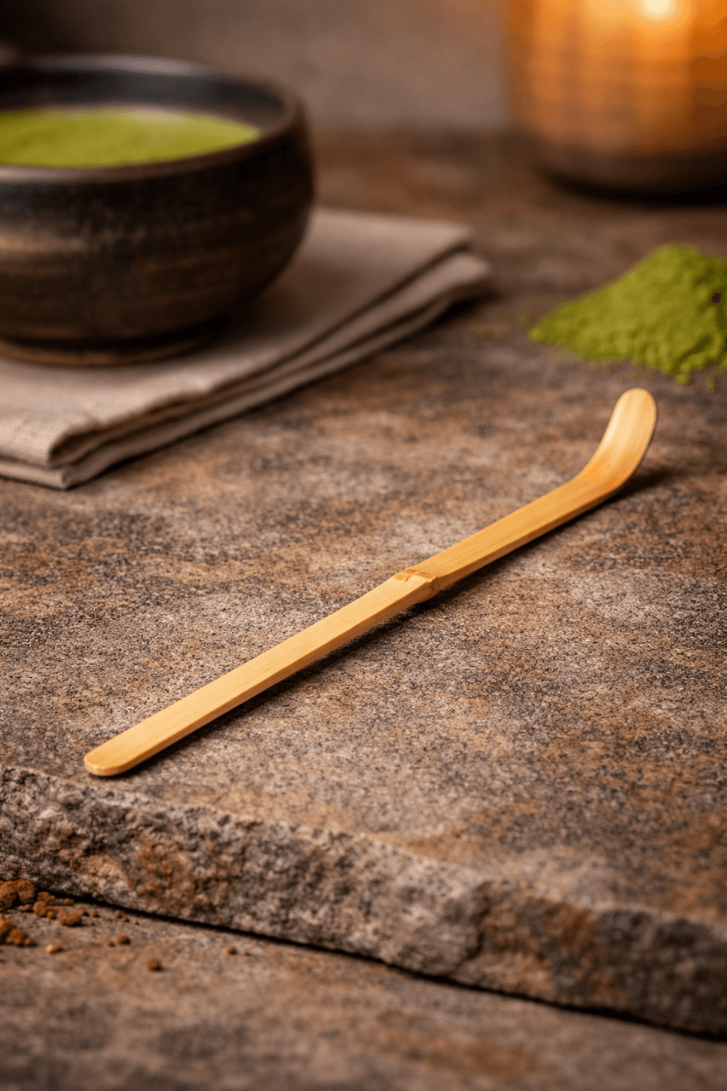 Bamboo scoop laid across a stone surface