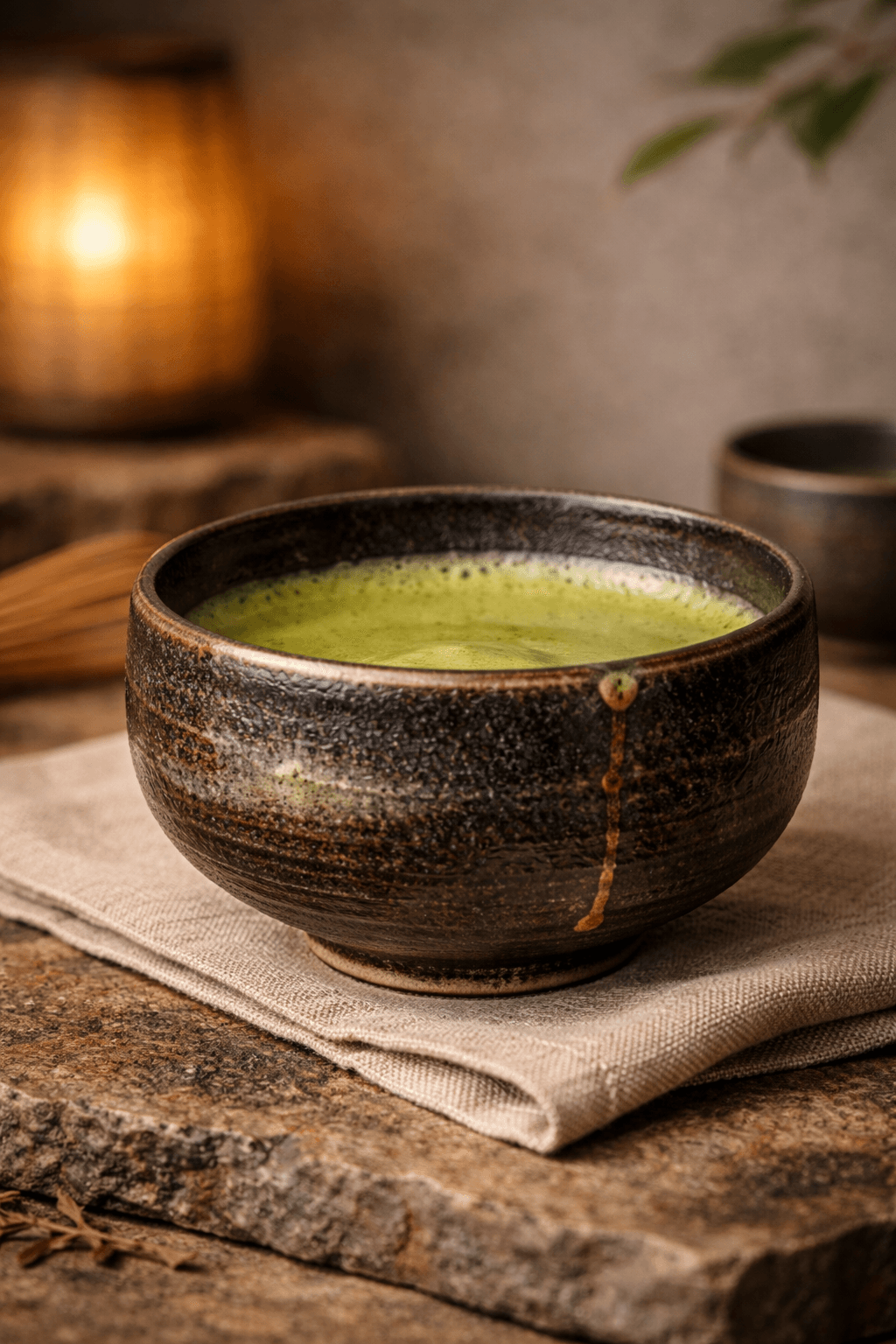 Stoneware tea bowl beside a whisked bowl of matcha
